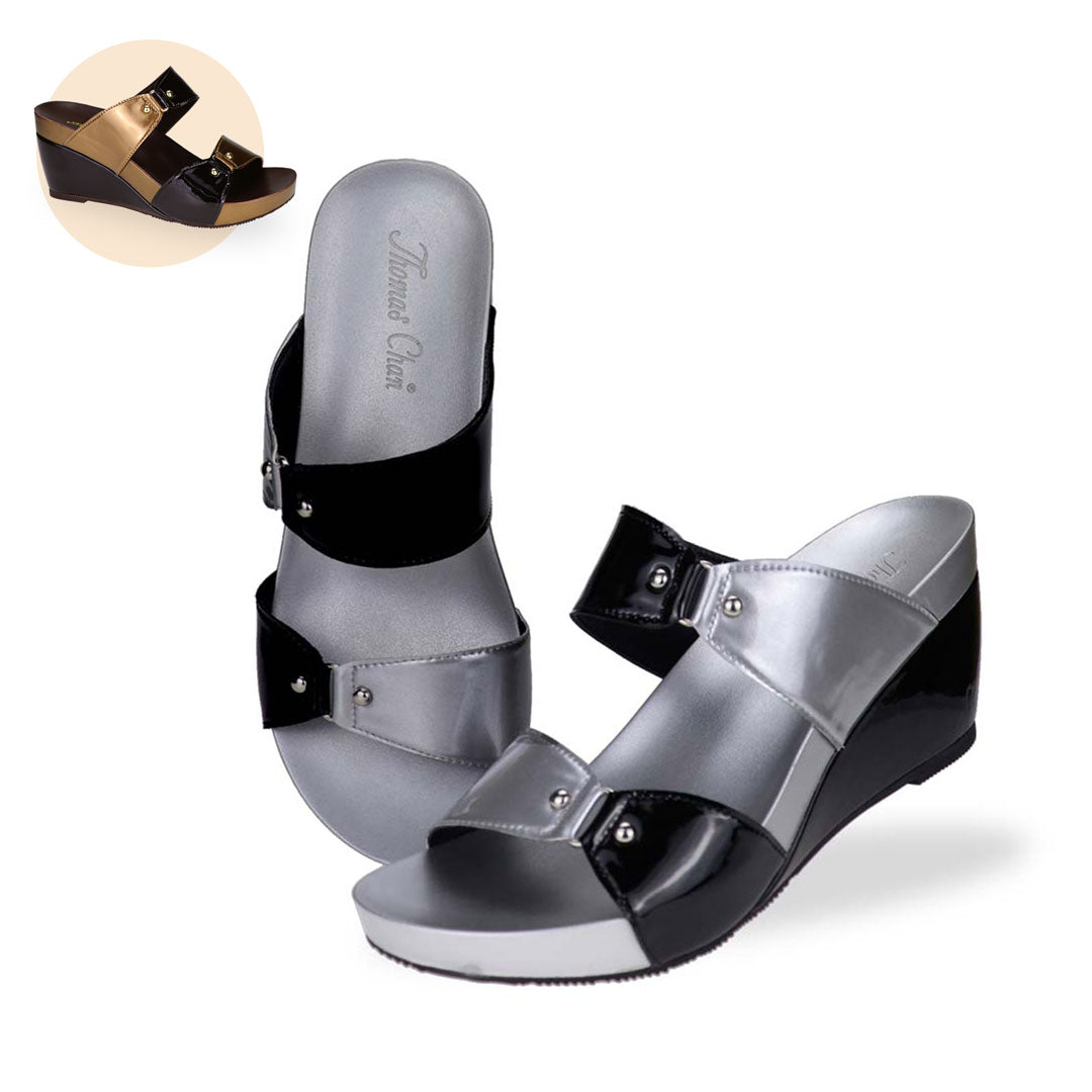 Thomas Chan Yin Yang Colour-Match Wedges, featuring arch support insoles, available in two colours: Black mixed with silver, and Chocolate mixed with bronze