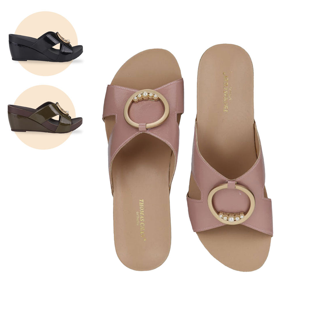 Thomas Chan Minimalist Decor Orthotic Wedge Sandals showcasing pearl-adorned buckle, offered in pink, black, and khaki color options.