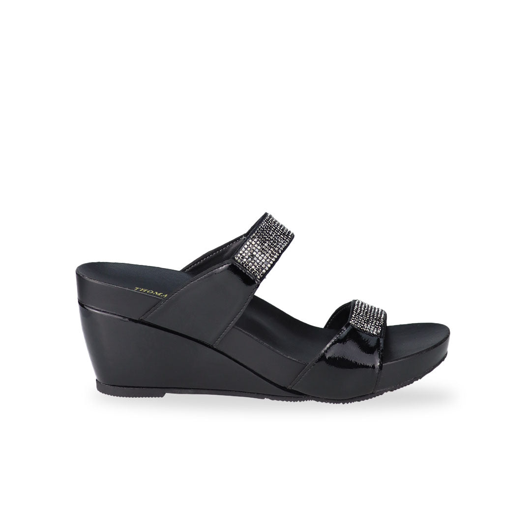 Side view of Thomas Chan black colour Multi-Row Diamond Wedge Sandals, adorned with handpicked multi-row diamond straps and Thomas Chan® Orthotic Arch-elegance footbed for stylish comfort.