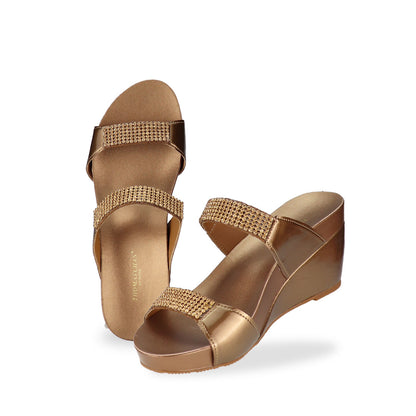 Full view of Thomas Chan bronze colour Multi-Row Diamond Wedge Sandals, adorned with handpicked multi-row diamond straps and Thomas Chan® Orthotic Arch-elegance footbed for stylish comfort.