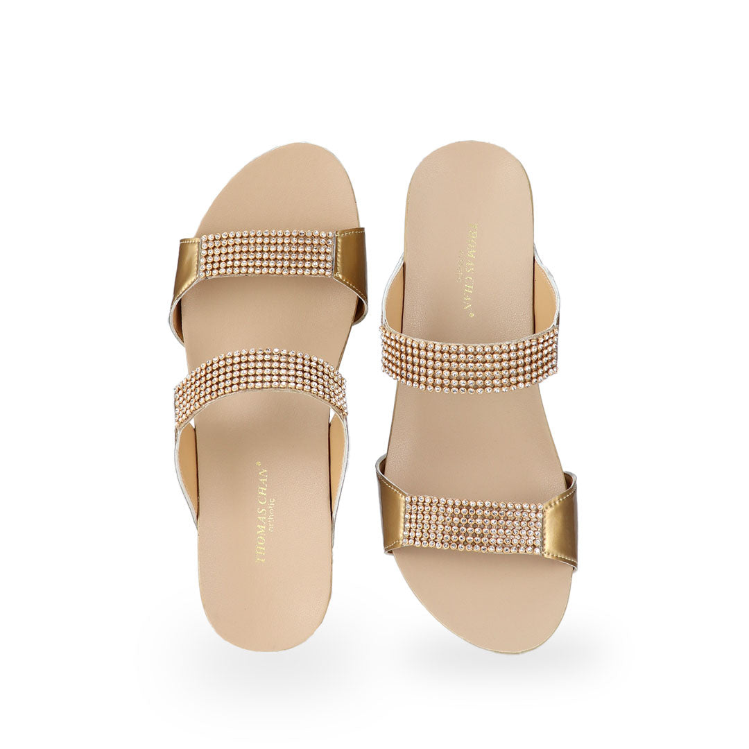 Front view of Thomas Chan gold colour Multi-Row Diamond Wedge Sandals, adorned with handpicked multi-row diamond straps and Thomas Chan® Orthotic Arch-elegance footbed for stylish comfort.