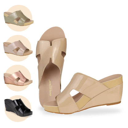 Thomas Chan Best Seller H-strap High Wedge Sandals with arch-support insoles, offered in three new colors: cream, ivory green, and light taupe, as well as two essential colours: black and rose gold.