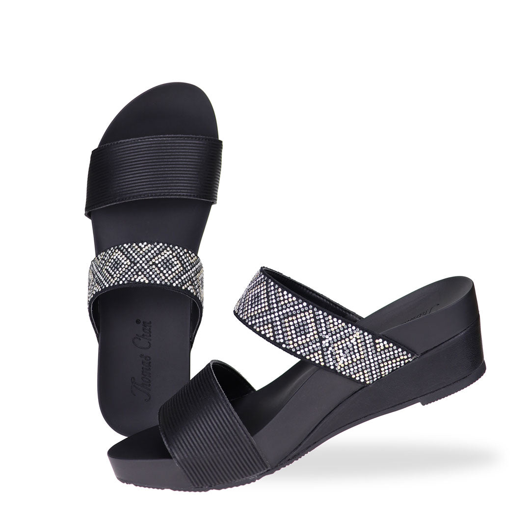 Full view of Thomas Chan black color comfortable boho-inspired strappy low wedge sandals