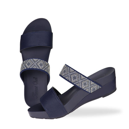 Full view of Thomas Chan navy blue color comfortable boho-inspired strappy low wedge sandals