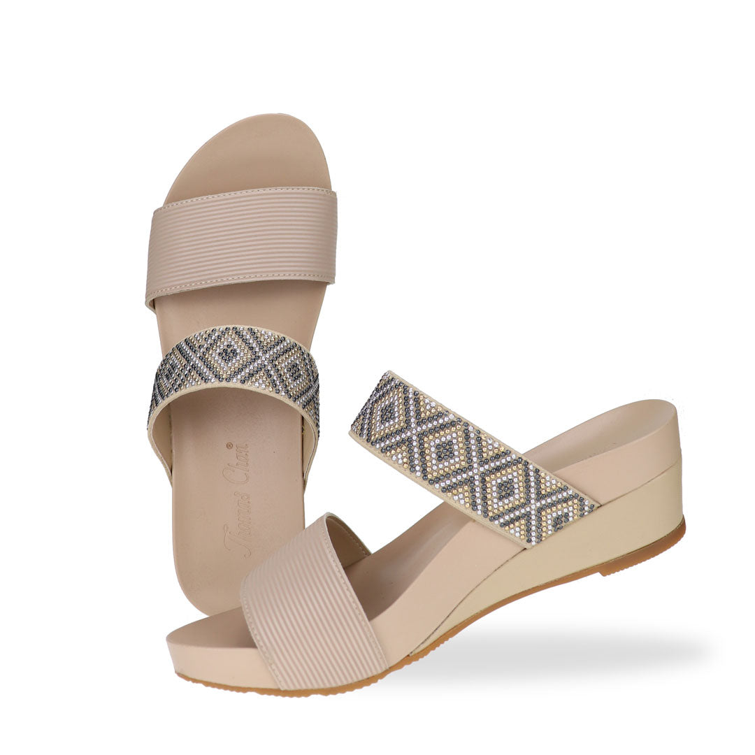 Full view of Thomas Chan sandy beige color comfortable boho-inspired strappy low wedge sandals