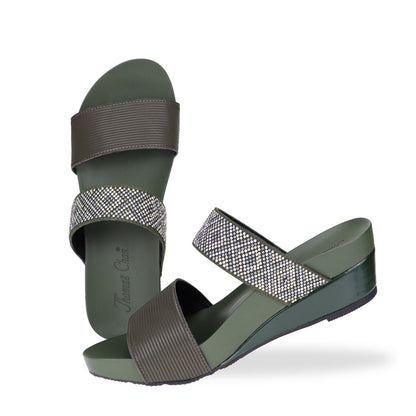 Full view of Thomas Chan olive green color comfortable boho-inspired strappy low wedge sandals