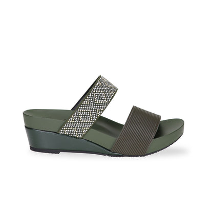 Side view of Thomas Chan olive green color comfortable boho-inspired strappy low wedge sandals