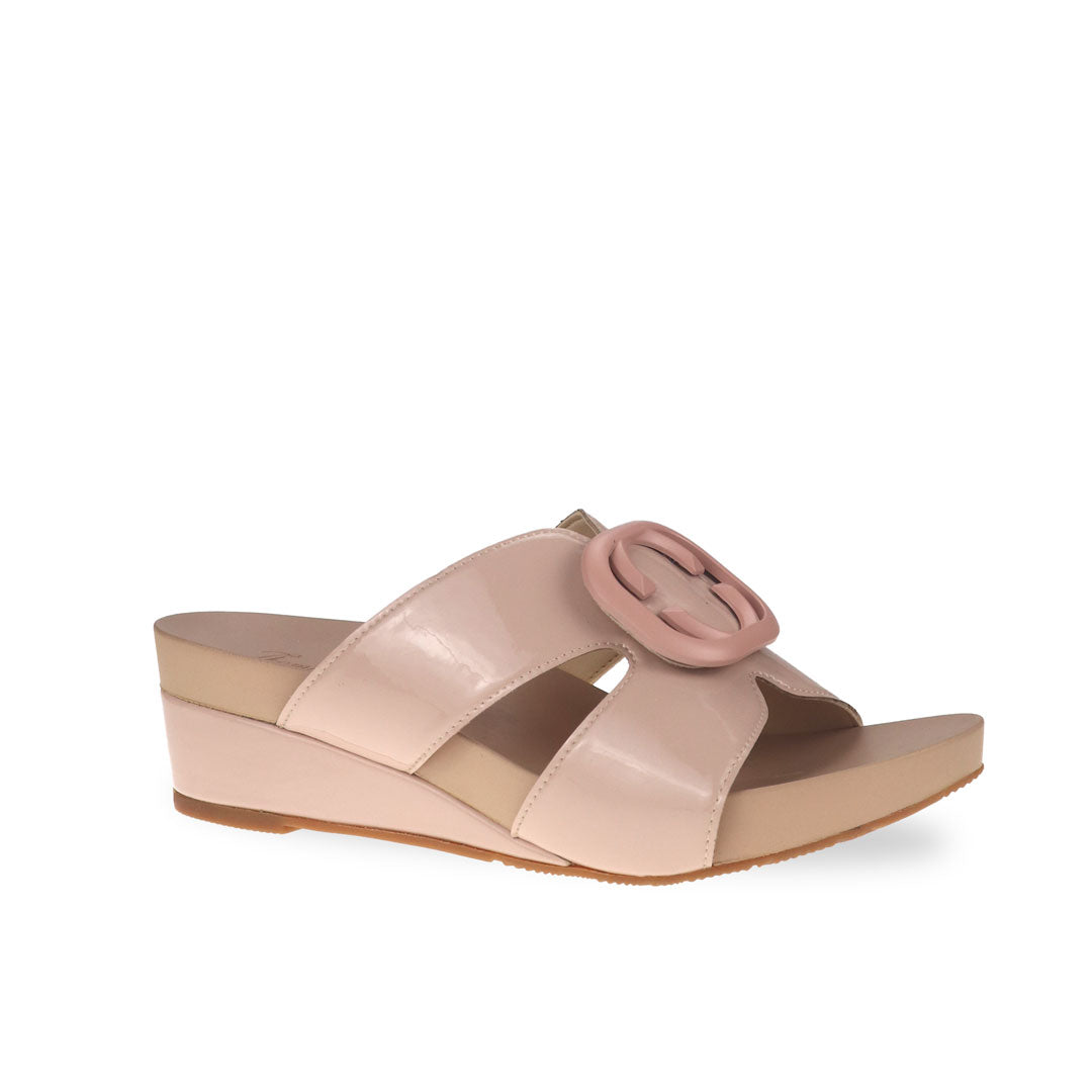 Soft pastel pink casual deco cutout low wedge sandals diagonal product view