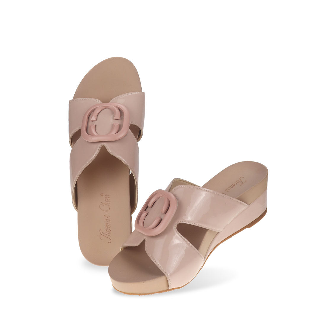 Soft pastel pink casual deco cutout low wedge sandals full product view