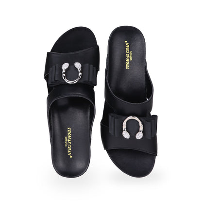 front view of Thomas Chan classic black colour smiley ribbon buckle low wedge sandal shoes