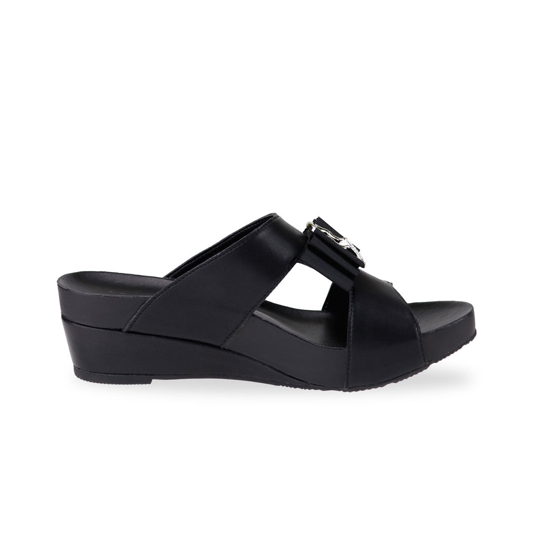 side view of Thomas Chan classic black colour smiley ribbon buckle low wedge sandal shoes