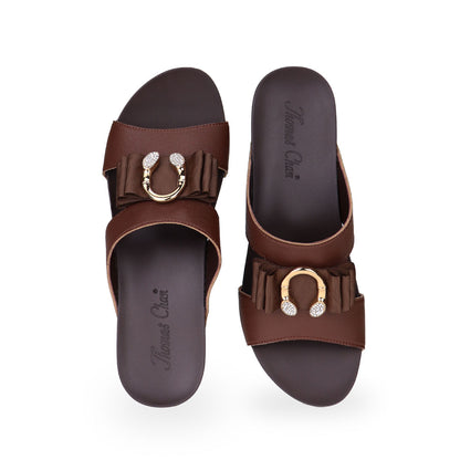 front view of Thomas Chan dark brown colour smiley ribbon buckle low wedge sandal shoes