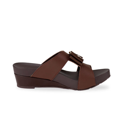 side view of Thomas Chan dark brown colour smiley ribbon buckle low wedge sandal shoes