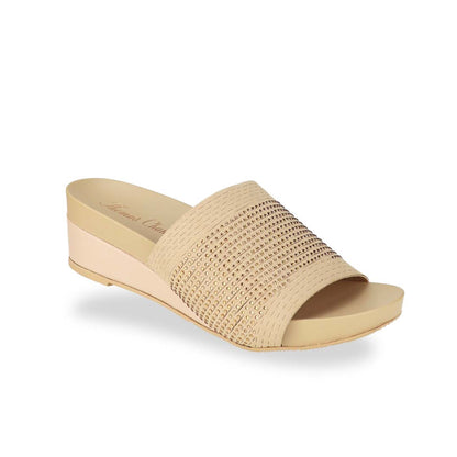 Diagonal view of Thomas Chan's Comfy Elegant Low Wedges in cream, featuring rhinestone accents, a coverage design, and an arch-support footbed.