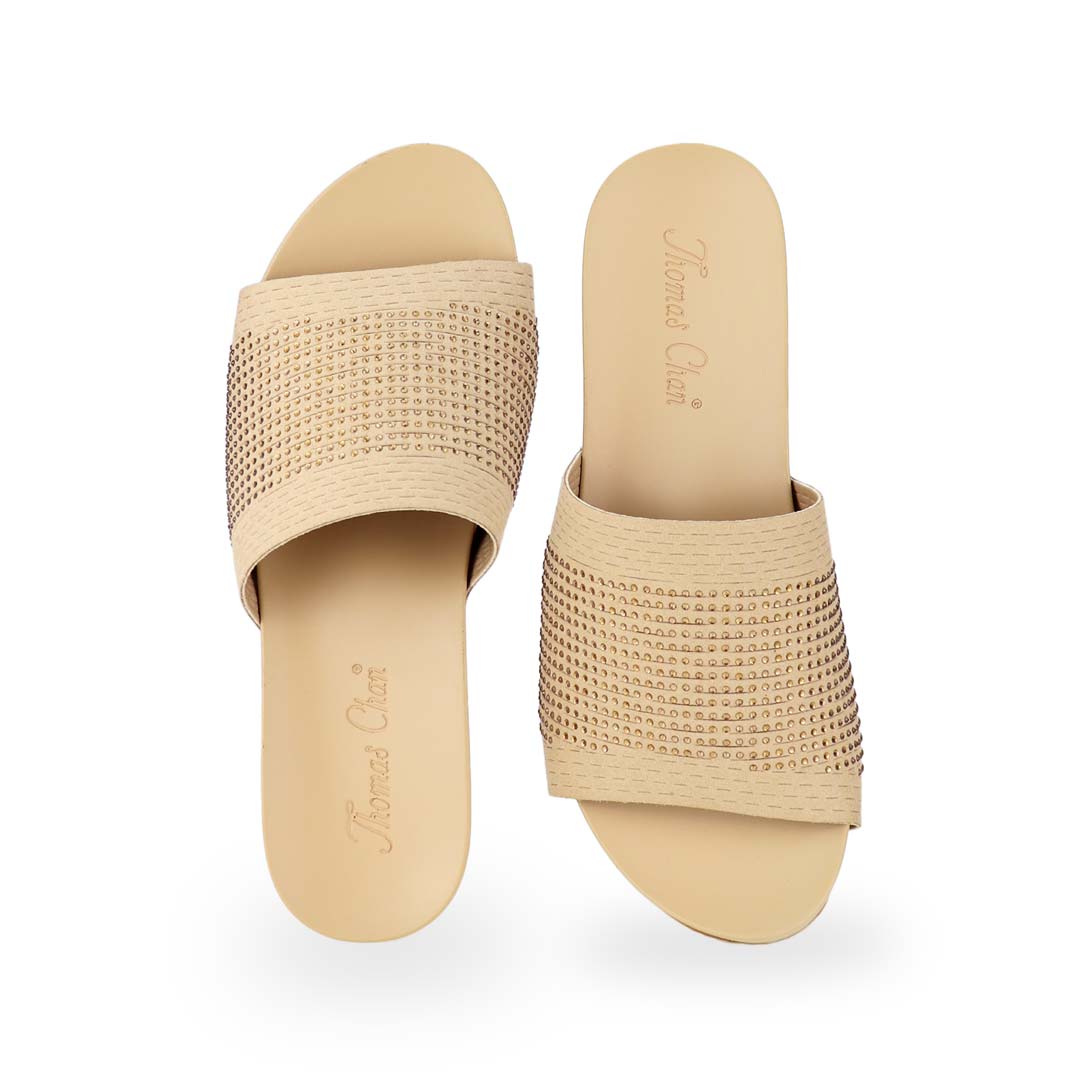 Front view of Thomas Chan's Comfy Elegant Low Wedges in cream, featuring rhinestone accents, a coverage design, and an arch-support footbed.