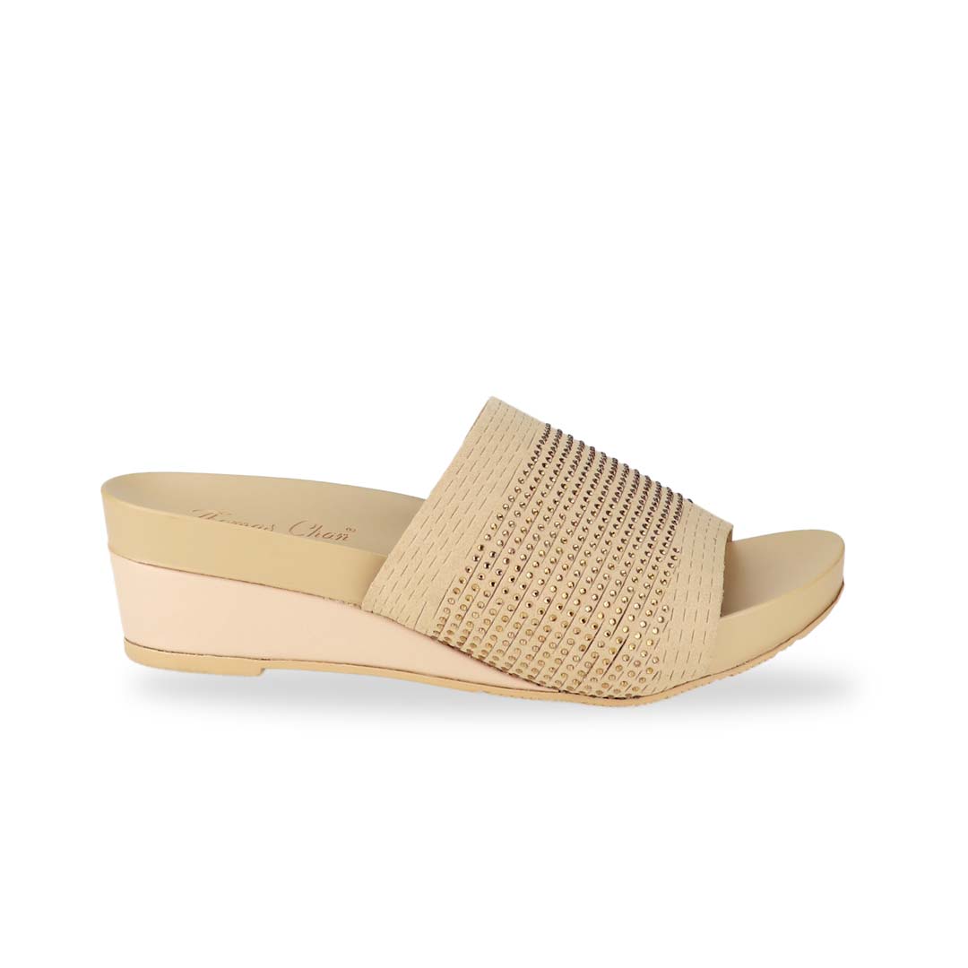 Side view of Thomas Chan's Comfy Elegant Low Wedges in cream, featuring rhinestone accents, a coverage design, and an arch-support footbed.