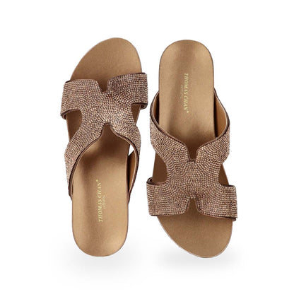 Front view of Thomas Chan's H-strap Glamour Stone Low Wedges in bronze, adorned with glamour rhinestone detailing ,and an arch-support footbed.