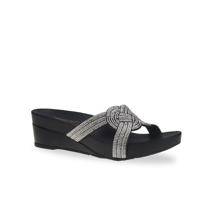 Diagonal view of Thomas Chan black color diamond detail knot-decor wedge sandals low heels