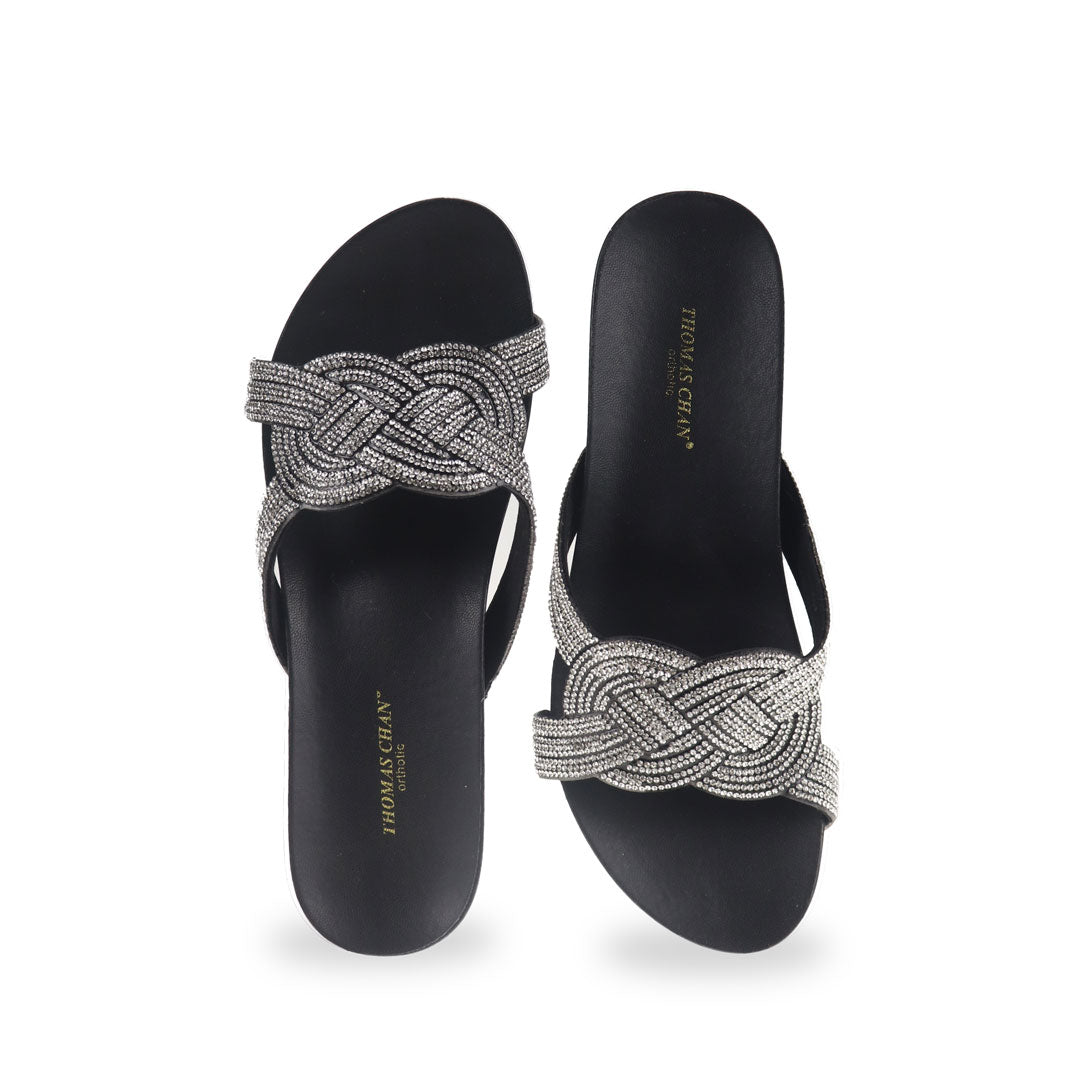 Front view of Thomas Chan black color diamond detail knot-decor wedge sandals low heels