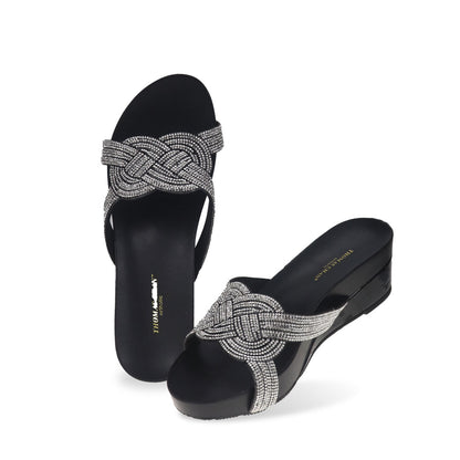 Full view of Thomas Chan black color diamond detail knot-decor wedge sandals low heels