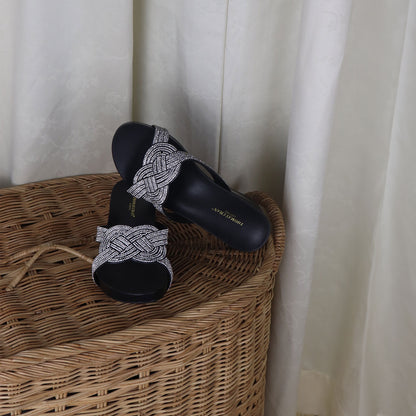 Thomas Chan black color diamond detail knot-decor wedge sandals low heels. Perfect for upscale dinner events, providing both style and comfort. Pair with daily outfit as well.