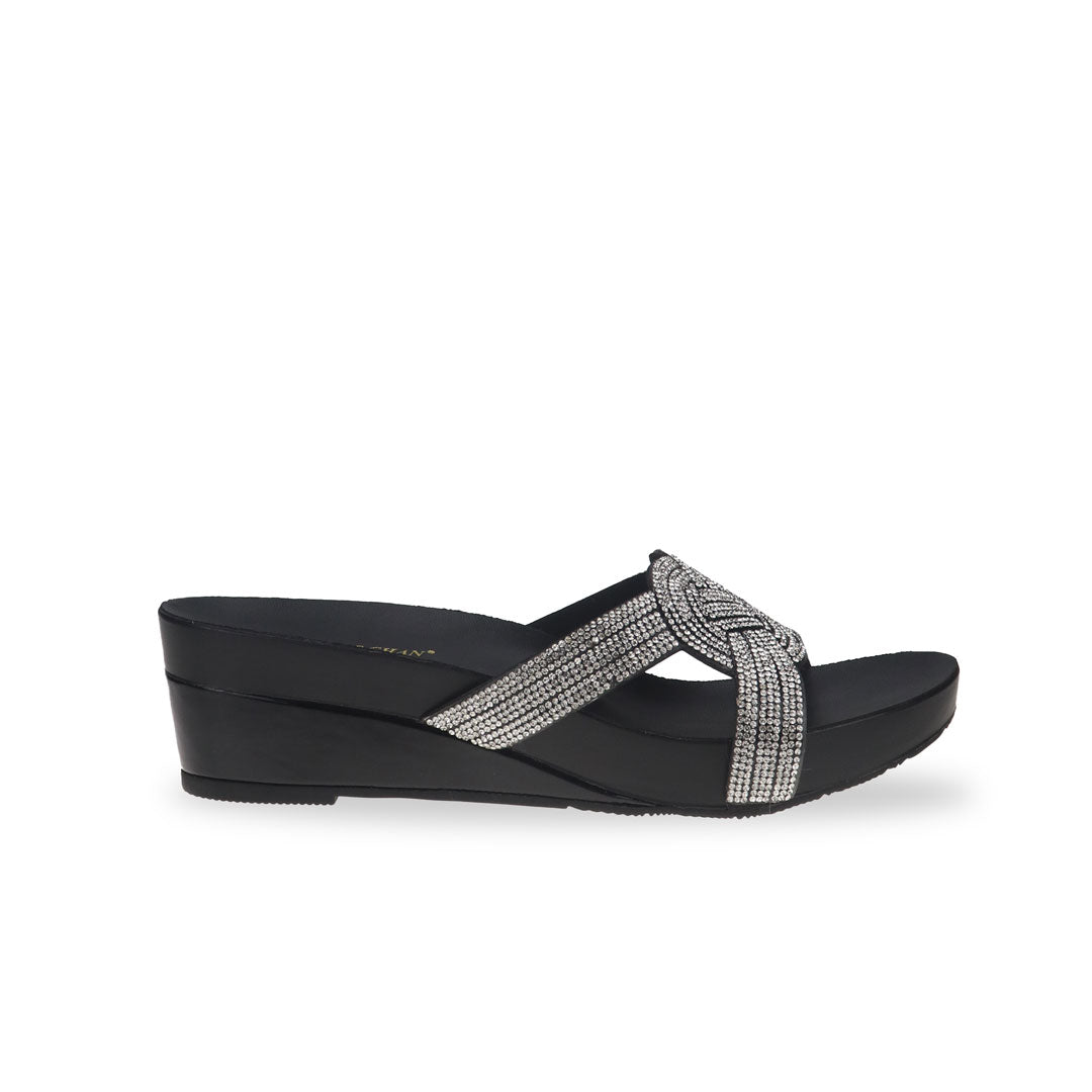 Side view of Thomas Chan black color diamond detail knot-decor wedge sandals low heels