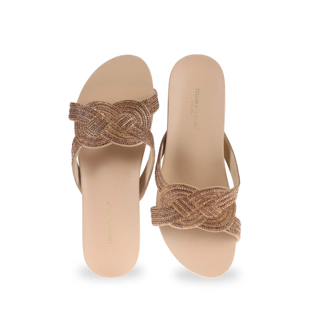 Front view of Thomas Chan gold colour diamond detail knot-decor wedge sandals low heels, adorned with handpicked diamond straps and Thomas Chan® Orthotic Arch-elegance footbed for stylish comfort.