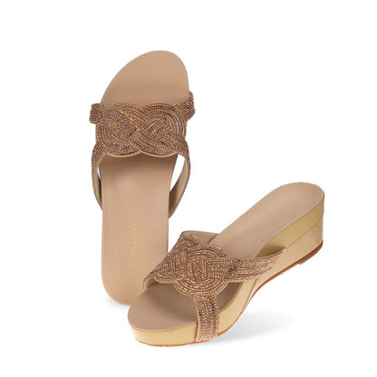 Full view of Thomas Chan gold colour diamond detail knot-decor wedge sandals low heels, adorned with handpicked diamond straps and Thomas Chan® Orthotic Arch-elegance footbed for stylish comfort.