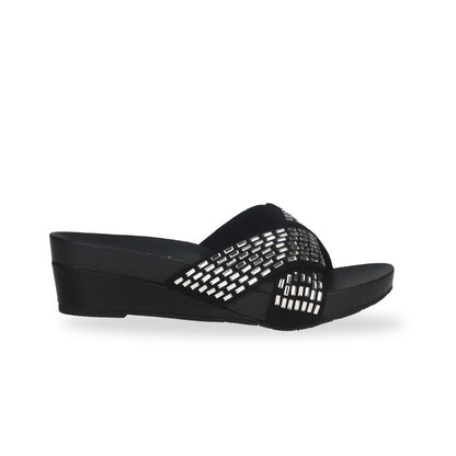 Side view of Thomas Chan's Diamond Crisscross Suede Low Wedges in black colour.