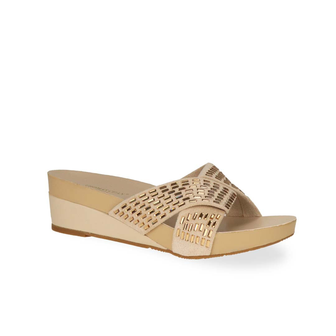 Diagonal view of Thomas Chan's Diamond Crisscross Suede Low Wedges in gold colour.