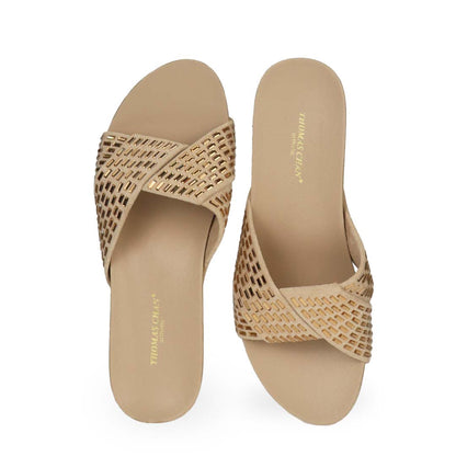 Front view of Thomas Chan's Diamond Crisscross Suede Low Wedges in gold colour.