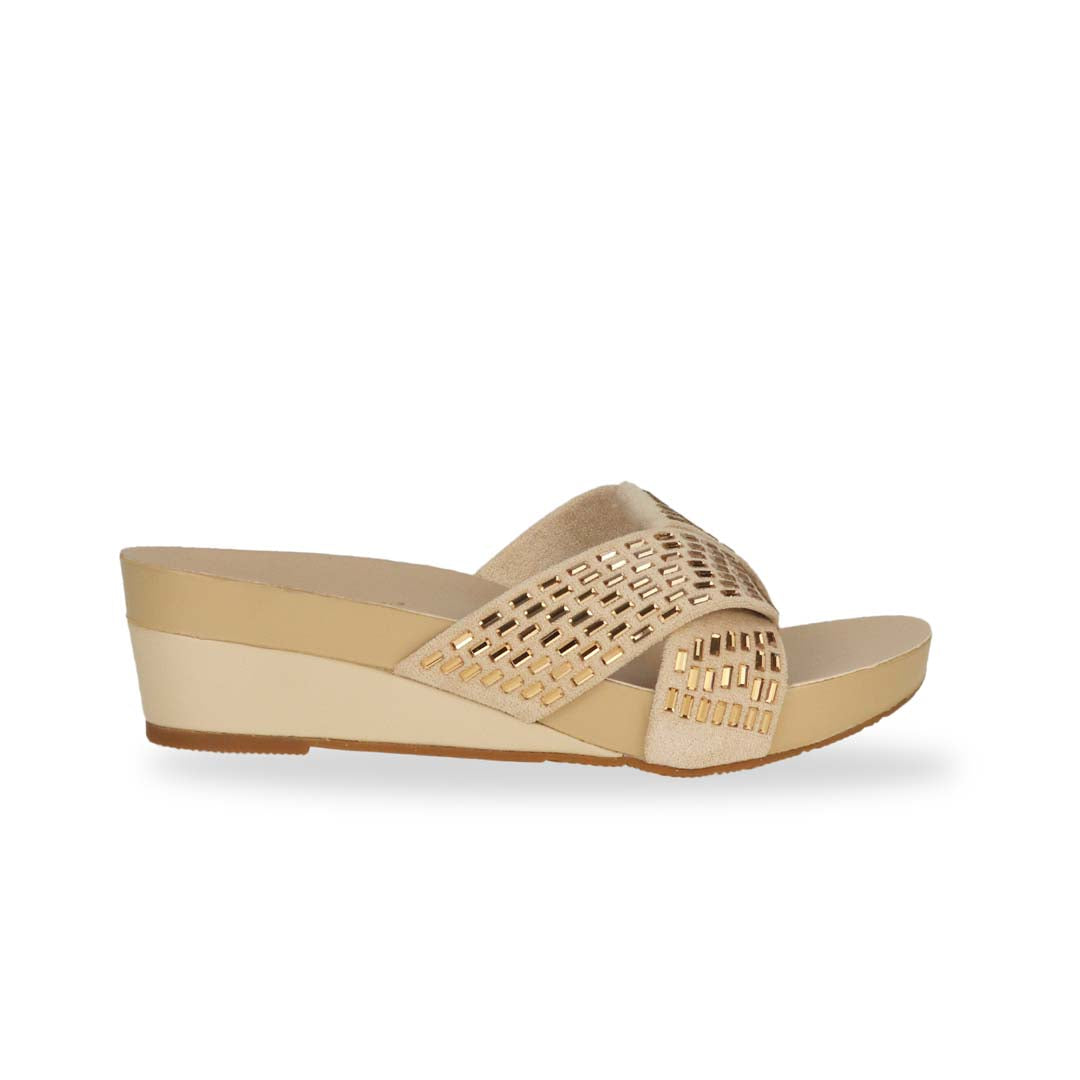 Side view of Thomas Chan's Diamond Crisscross Suede Low Wedges in gold colour.