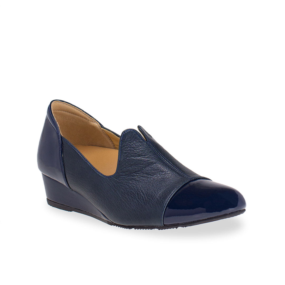 diagonal view of Thomas Chan cobalt blue colour extra comfortable ladies formal loafers patent ox leather shoes