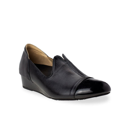 diagonal view of Thomas Chan black colour extra comfortable ladies formal loafers patent ox leather shoes