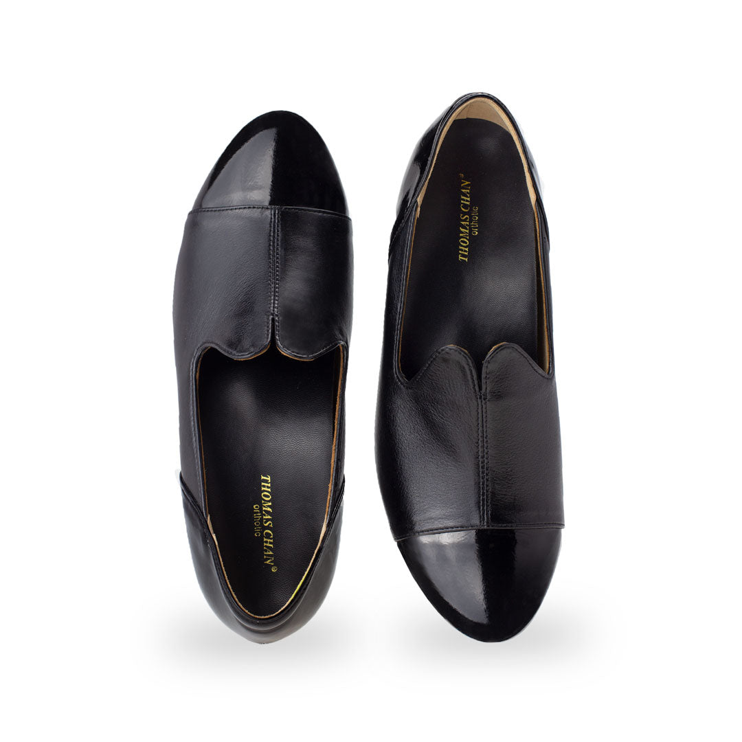 front view of Thomas Chan black colour extra comfortable ladies formal loafers patent ox leather shoes