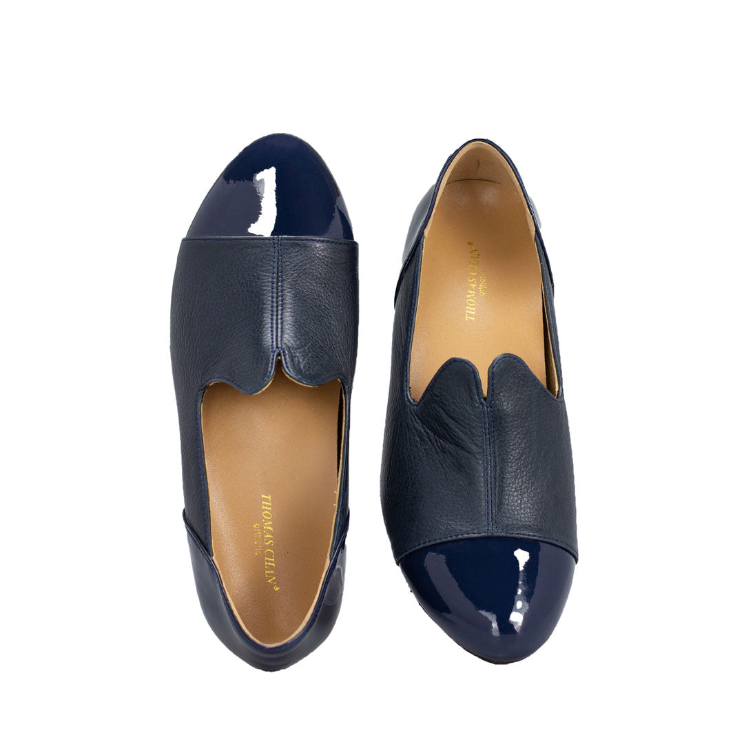 front view of Thomas Chan cobalt blue colour extra comfortable ladies formal loafers patent ox leather shoes