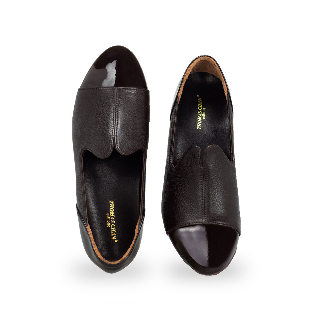 front view of Thomas Chan brown colour extra comfortable ladies formal loafers patent ox leather shoes