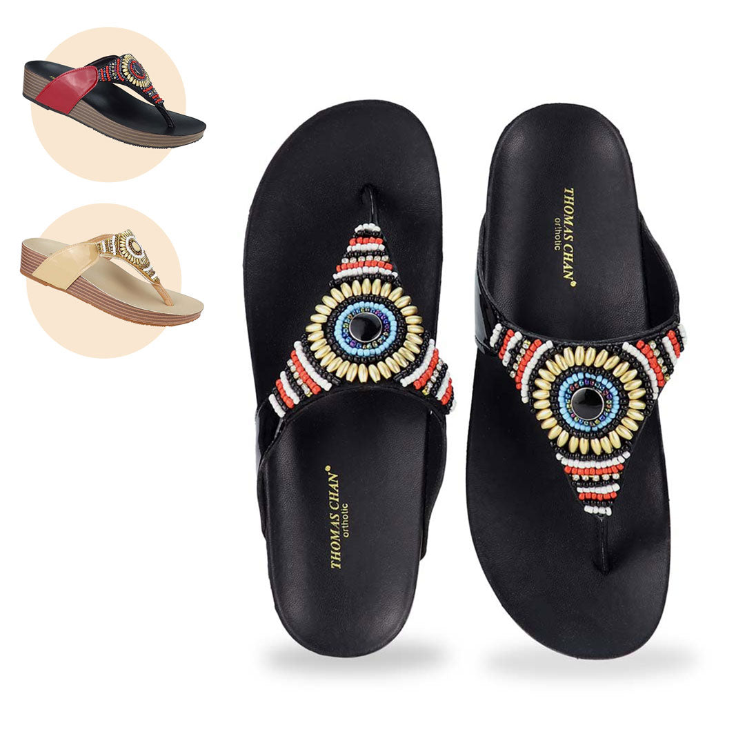 Front view of Thomas Chan's Boho Beaded Flatform Flip-Flops in black, showcasing the boho beaded design and LiteStep flatform footbed. available in red & cream colours