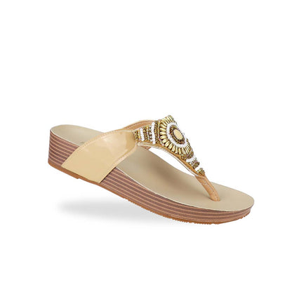 Diagonal view of Thomas Chan's Boho Beaded Flatform Flip-Flops in cream, showcasing the boho beaded design and LiteStep flatform footbed. The image highlights the flip-flops' boho beaded accents and casual style.