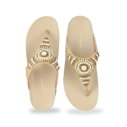 Front view of Thomas Chan's Boho Beaded Flatform Flip-Flops in cream, showcasing the boho beaded design and LiteStep flatform footbed. The image highlights the flip-flops' boho beaded accents and casual style.