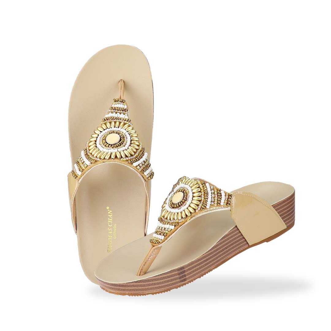  Full view of Thomas Chan's Boho Beaded Flatform Flip-Flops in cream, showcasing the boho beaded design and LiteStep flatform footbed. The image highlights the flip-flops' boho beaded accents and casual style.