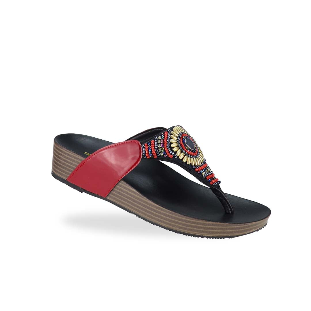 Diagonal view of Thomas Chan's Boho Beaded Flatform Flip-Flops in red, showcasing the boho beaded design and LiteStep flatform footbed. The image highlights the flip-flops' boho beaded accents and casual style.