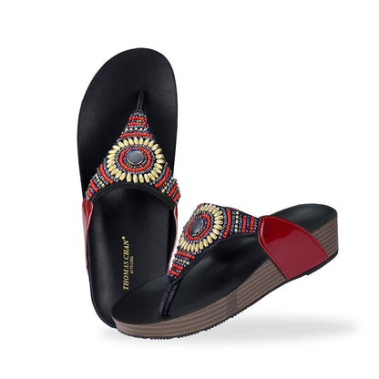 Full view of Thomas Chan's Boho Beaded Flatform Flip-Flops in red, showcasing the boho beaded design and LiteStep flatform footbed. The image highlights the flip-flops' boho beaded accents and casual style.