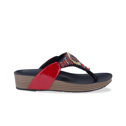 Side view of Thomas Chan's Boho Beaded Flatform Flip-Flops in red, showcasing the boho beaded design and LiteStep flatform footbed. The image highlights the flip-flops' boho beaded accents and casual style.