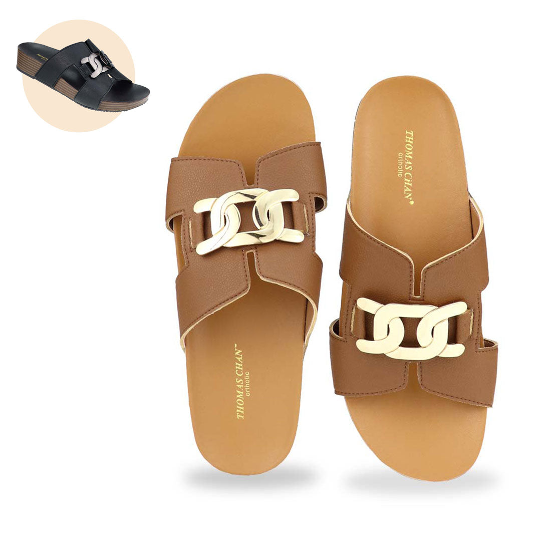 Front view of Thomas Chan's Metallic Buckle H-Flatform Sandals in camel, a bold metallic gold buckle across the H-strap and LiteStep flatform footbed.Also available in black colours.