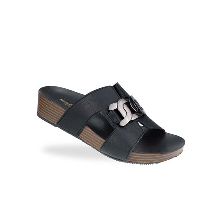 Diagonal view of Thomas Chan's Metallic Buckle H-Flatform Sandals in black, featuring a bold metallic silver buckle on the H-strap and a cushioned LiteStep flatform footbed for added height and comfort.