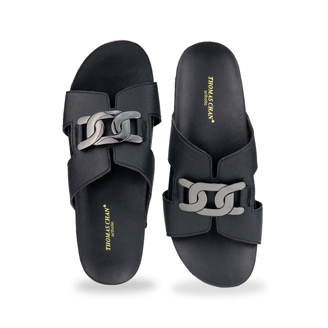 Front view of Thomas Chan's Metallic Buckle H-Flatform Sandals in black, featuring a bold metallic silver buckle on the H-strap and a cushioned LiteStep flatform footbed for added height and comfort.