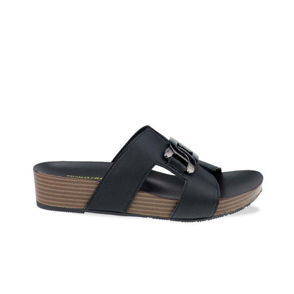 Side view of Thomas Chan's Metallic Buckle H-Flatform Sandals in black, featuring a bold metallic silver buckle on the H-strap and a cushioned LiteStep flatform footbed for added height and comfort.