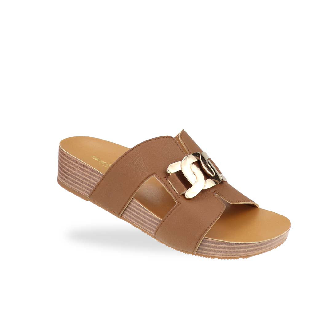 Diagonal view of Thomas Chan's Metallic Buckle H-Flatform Sandals in camel, a bold metallic gold buckle across the H-strap and LiteStep flatform footbed.