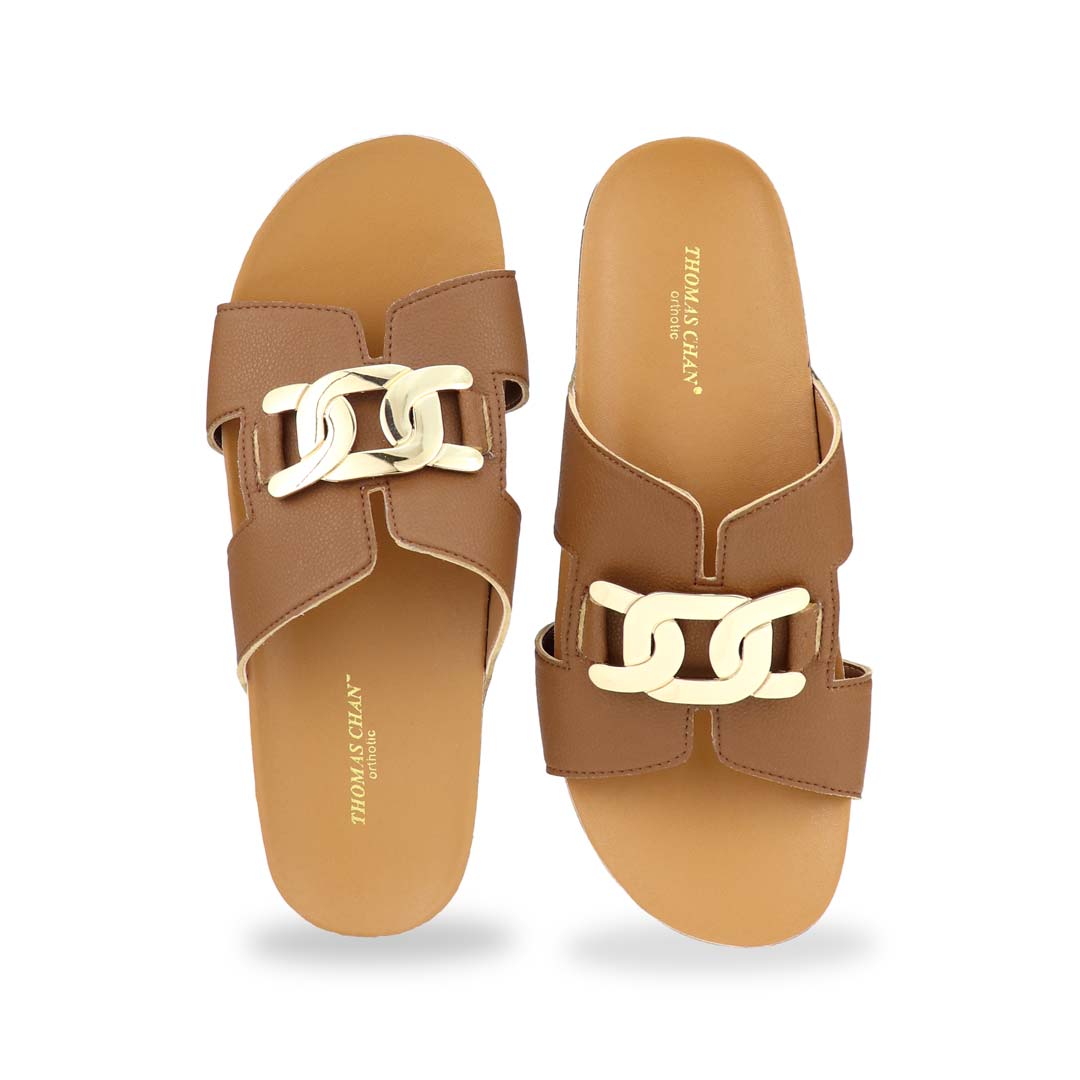 Front view of Thomas Chan's Metallic Buckle H-Flatform Sandals in camel, a bold metallic gold buckle across the H-strap and LiteStep flatform footbed.